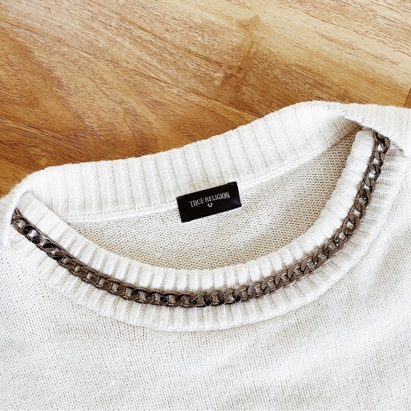 True Religion Cream Ivory Pullover Sweater Chain Neck Knitted Cozy Outerwear S - Picture 4 of 6